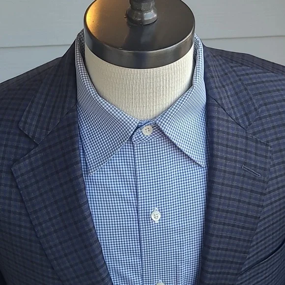 SAMUELSOHN Recent Grey Blue Plaid Super 120s Wool Mens Sz 44 L Sport Coat Blazer